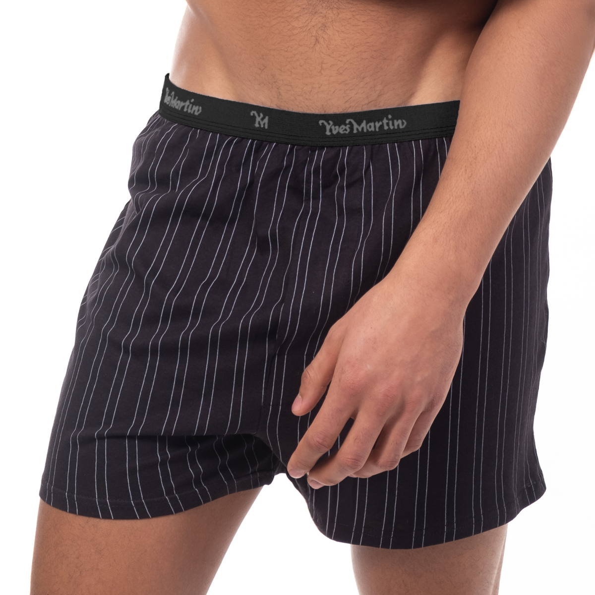 Model wearing Yves Martin striped jersey boxer shorts, front view