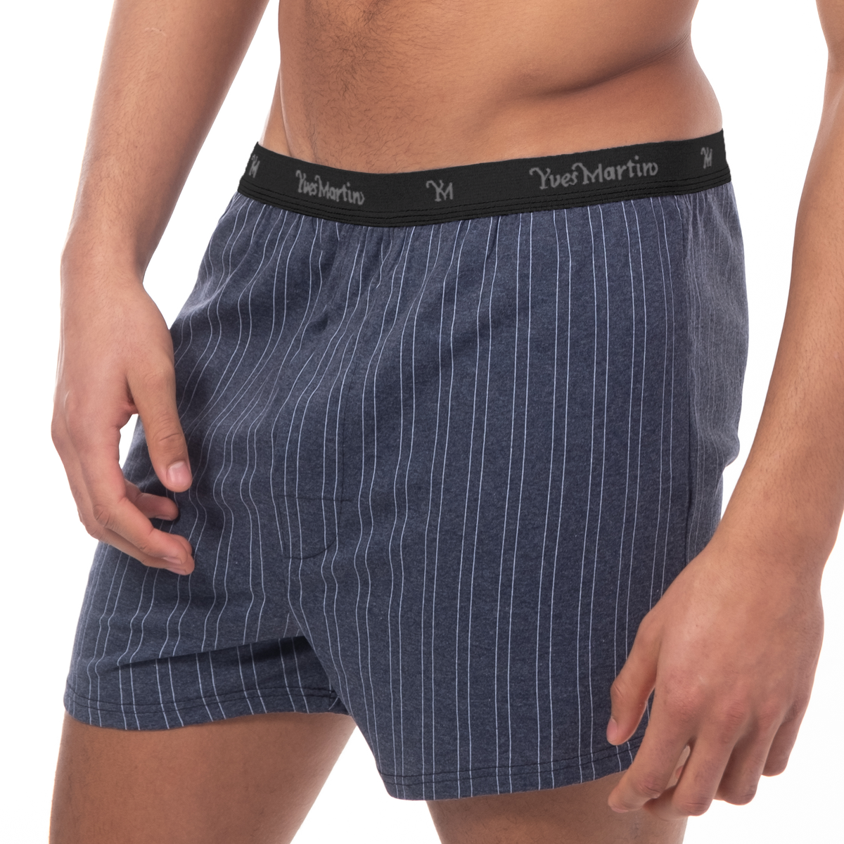 Model wearing Yves Martin striped jersey boxer shorts, side or front view