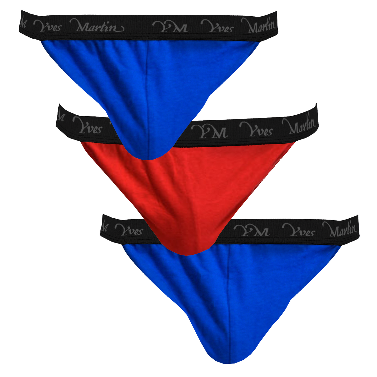 Yves Martin men's tanga briefs 3-pack featuring two blue briefs and one red brief with black elastic waistbands