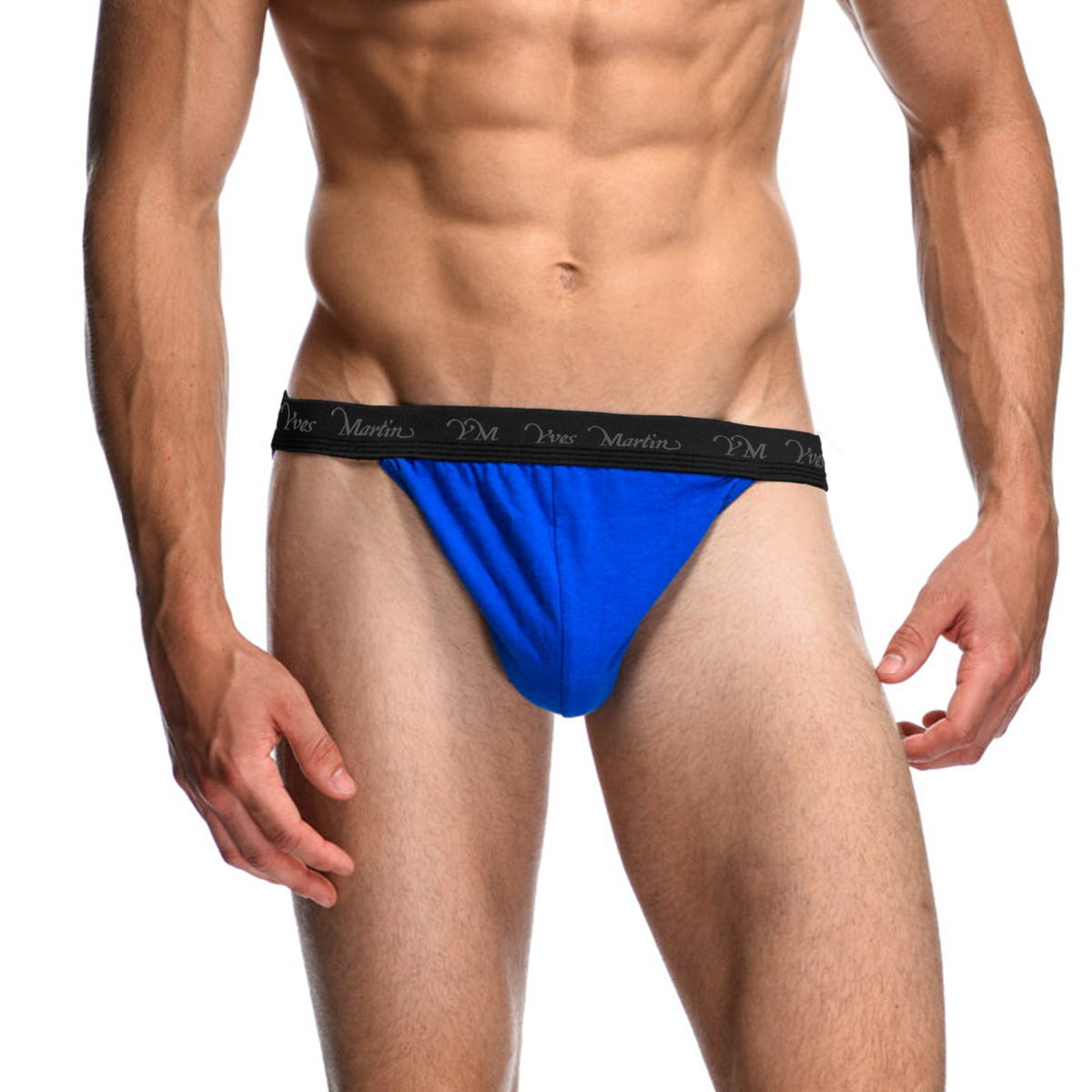 Male model wearing blue Yves Martin tanga briefs, front view