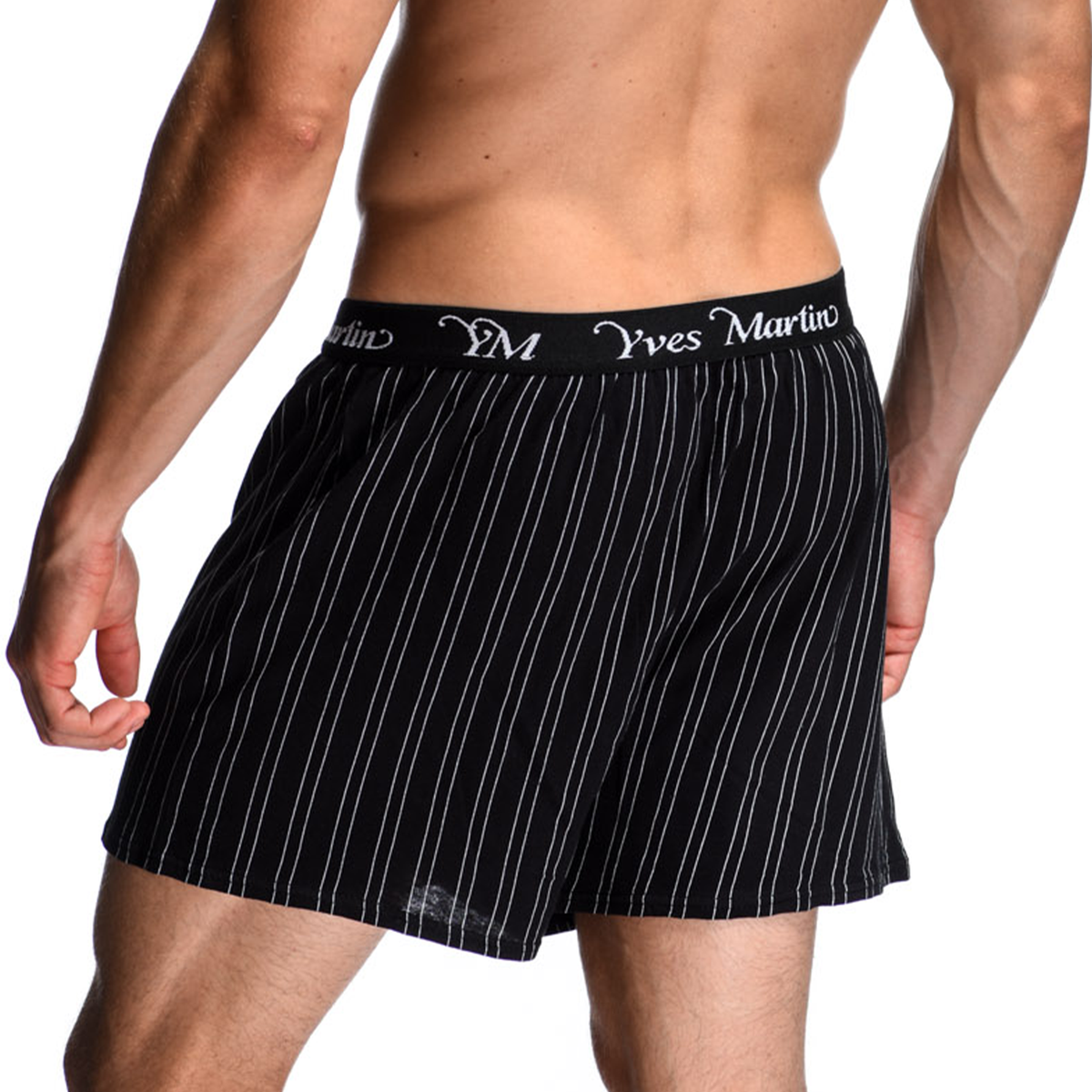 Model wearing Yves Martin striped jersey boxers, back view