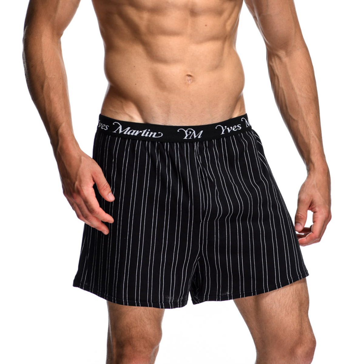 Model wearing Yves Martin striped jersey boxers, front view