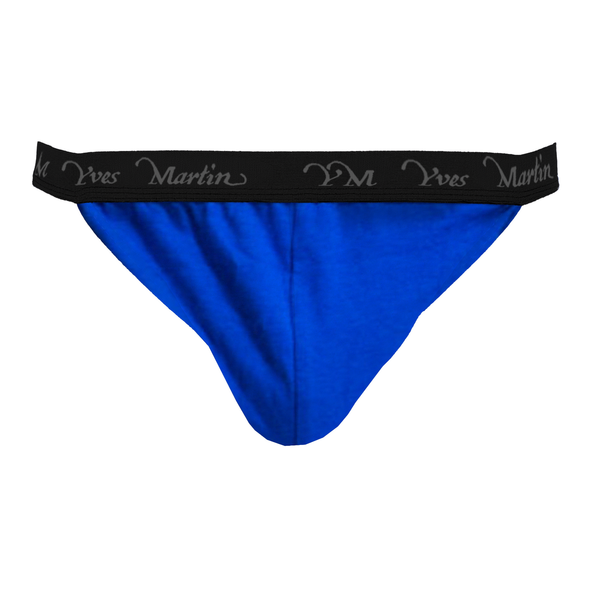 Yves Martin men's navy blue tanga brief front view with black elastic waistband