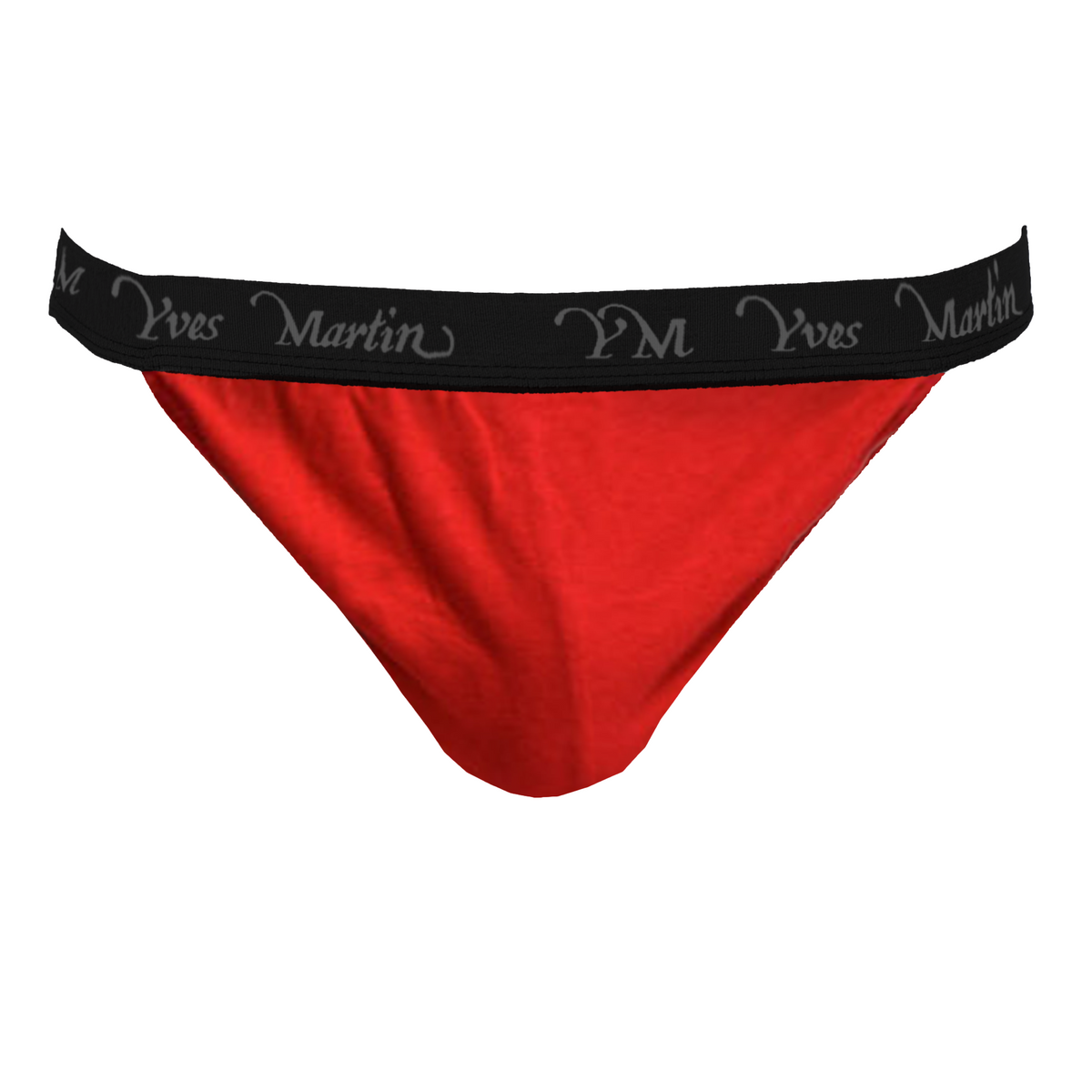 Yves Martin men's red tanga brief front view with black elastic waistband