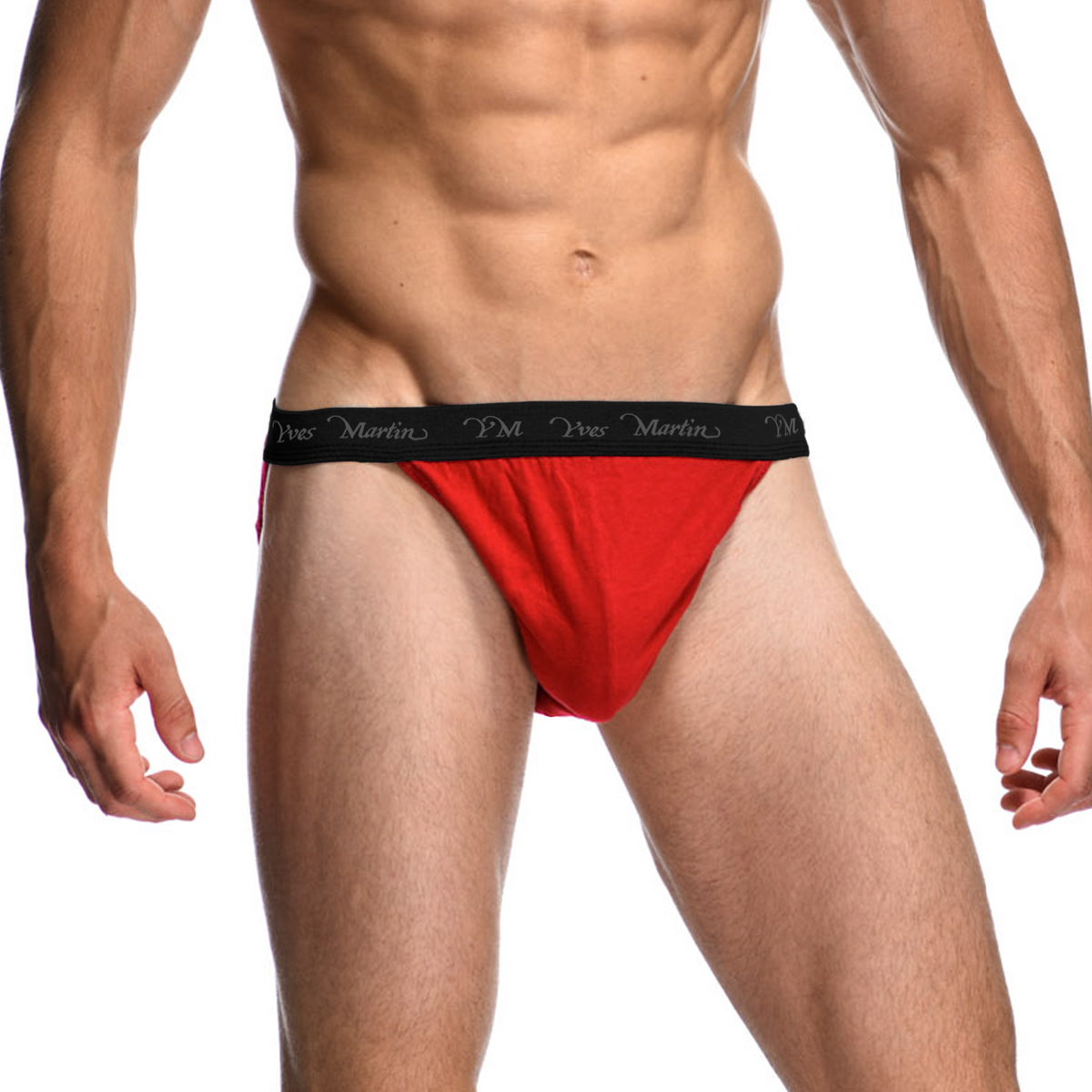 Male model wearing red Yves Martin tanga briefs, front view